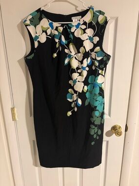 New York & Company Black Mini Dress with Teal, White & Green Floral Print